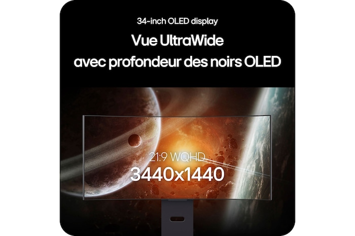 Moniteur LG 34GX900A affichant l'écran OLED UltraWide de 34 pouces, mettant en avant la résolution 21:9 WQHD (3440x1440) et la technologie OLED noir profond pour des images incroyables.