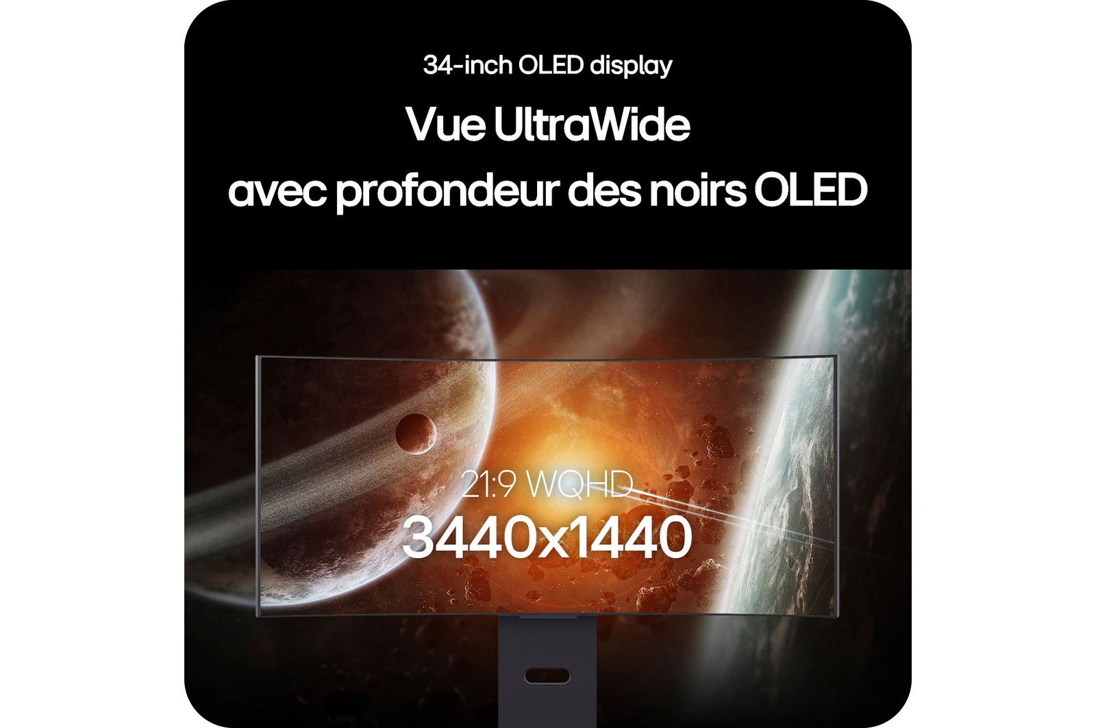 Moniteur LG 34GX900A affichant l'écran OLED UltraWide de 34 pouces, mettant en avant la résolution 21:9 WQHD (3440x1440) et la technologie OLED noir profond pour des images incroyables.