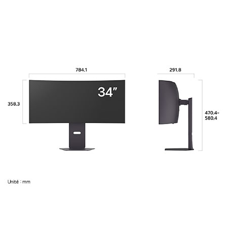 Moniteur LG 34GX900A au fini sombre affichant les dimensions de l'écran incurvé, mesurant 784.1 mm de largeur, 358.3 mm de hauteur d'écran, 470.4~580.4 mm de hauteur totale et 291.8 mm de profondeur.