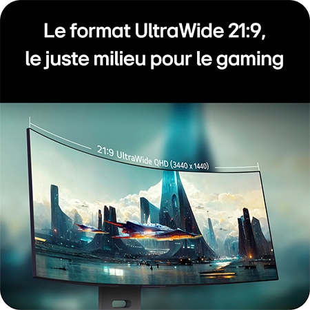 Moniteur LG 34GX900A offrant le sweetspot de jeu 21:9 UltraWide QHD (3440 x 1440) via son écran incurvé pour un champ de vision immersif.