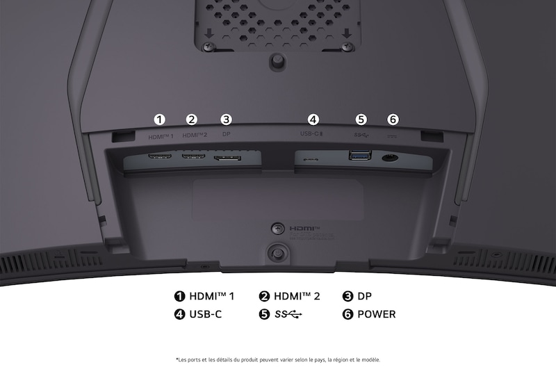 Vue arrière du Moniteur LG 39GX900A au fini sombre, détaillant les spécifications des ports avec deux ports HDMI™, DP, USB-C et une connexion USB.