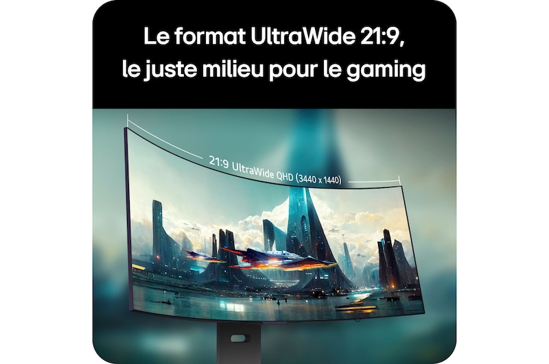 Moniteur LG 39GX900A offrant le sweetspot de jeu 21:9 UltraWide QHD (3440 x 1440) via son écran incurvé pour un champ de vision immersif.