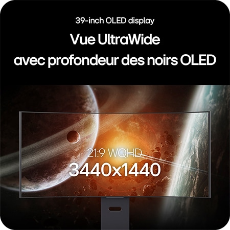 Moniteur LG 39GX900A affichant l'écran OLED UltraWide de 39 pouces, mettant en avant la résolution 21:9 WQHD (3440x1440) et la technologie OLED noir profond pour des images incroyables.
