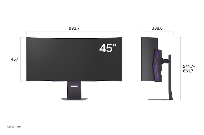 Moniteur LG 45GX900A-B au fini sombre affichant les dimensions de l'écran incurvé de 45 pouces, mesurant 992.7 mm de largeur, 457 mm de hauteur d'écran, 541.7~661.7 mm de hauteur totale et 338.6 mm de profondeur.