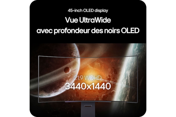Moniteur LG 45GX900A-B affichant l'écran OLED UltraWide de 45 pouces, mettant en avant la résolution 21:9 WQHD (3440x1440) et la technologie OLED noir profond pour des images incroyables.