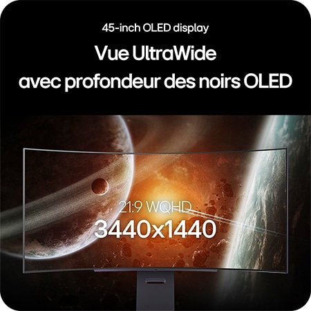Moniteur LG 45GX900A-B affichant l'écran OLED UltraWide de 45 pouces, mettant en avant la résolution 21:9 WQHD (3440x1440) et la technologie OLED noir profond pour des images incroyables.