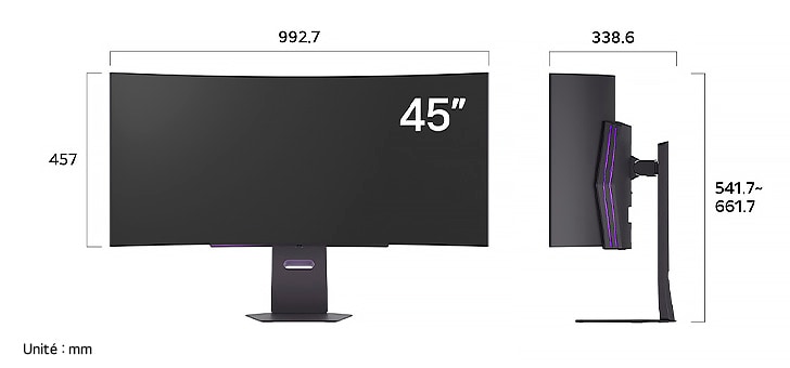Moniteur LG 45GX900A au fini sombre affichant les dimensions de l'écran incurvé de 45 pouces, mesurant 992.7 mm de largeur, 457 mm de hauteur d'écran, 541.7~661.7 mm de hauteur totale et 338.6 mm de profondeur.