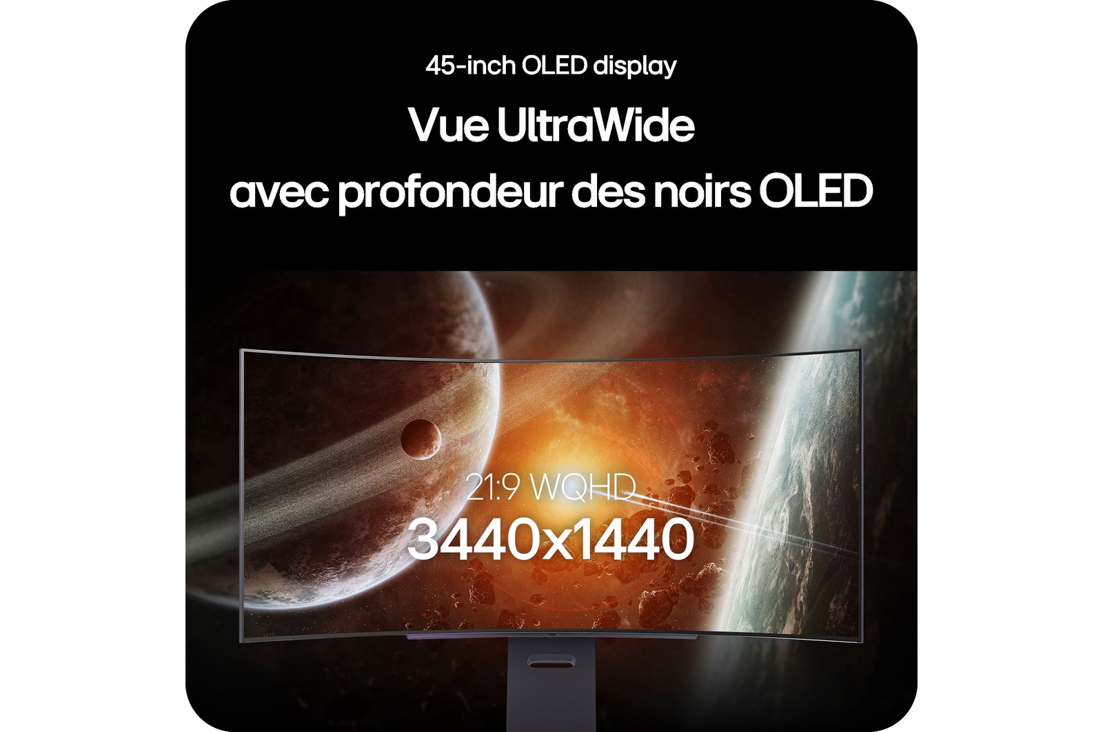 Moniteur LG 45GX900A affichant l'écran OLED UltraWide de 45 pouces, mettant en avant la résolution 21:9 WQHD (3440x1440) et la technologie OLED noir profond pour des images incroyables.