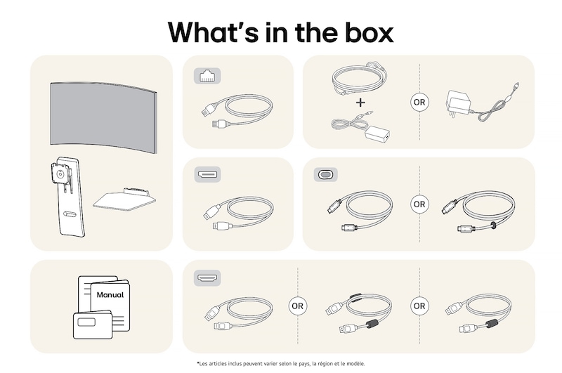 Moniteur LG 45GX900A affichant un aperçu de tous les composants fournis, incluant le corps du moniteur, le support, le manuel, l'adaptateur secteur et les câbles USB-C, DP et HDMI.