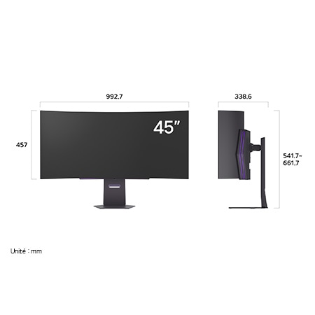 Moniteur LG 45GX900A au fini sombre affichant les dimensions de l'écran incurvé de 45 pouces, mesurant 992.7 mm de largeur, 457 mm de hauteur d'écran, 541.7~661.7 mm de hauteur totale et 338.6 mm de profondeur.