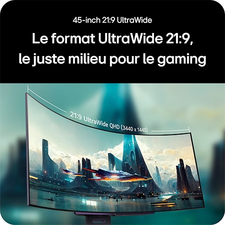 Moniteur LG 45GX900A offrant le sweetspot de jeu 21:9 UltraWide QHD (3440 x 1440) de 45 pouces via son écran incurvé pour un champ de vision immersif.