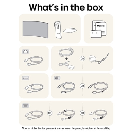 Moniteur LG 45GX900A affichant un aperçu de tous les composants fournis, incluant le corps du moniteur, le support, le manuel, l'adaptateur secteur et les câbles USB-C, DP et HDMI.