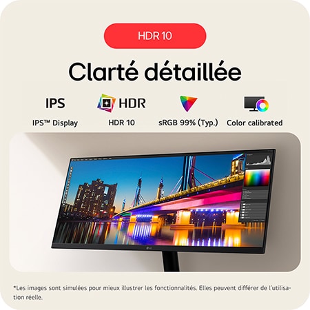 Moniteur LG 29U511A affichant un contraste détaillé grâce à HDR 10, à la dalle IPS™ et à la couverture couleur sRGB 99% (Typ.).