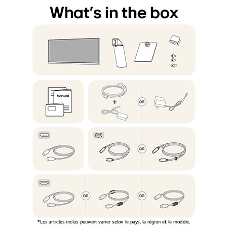 Moniteur LG 29U511A affichant un aperçu de tous les composants fournis, incluant le corps du moniteur, les pièces du support, le manuel et les câbles HDMI, DP et USB-C.