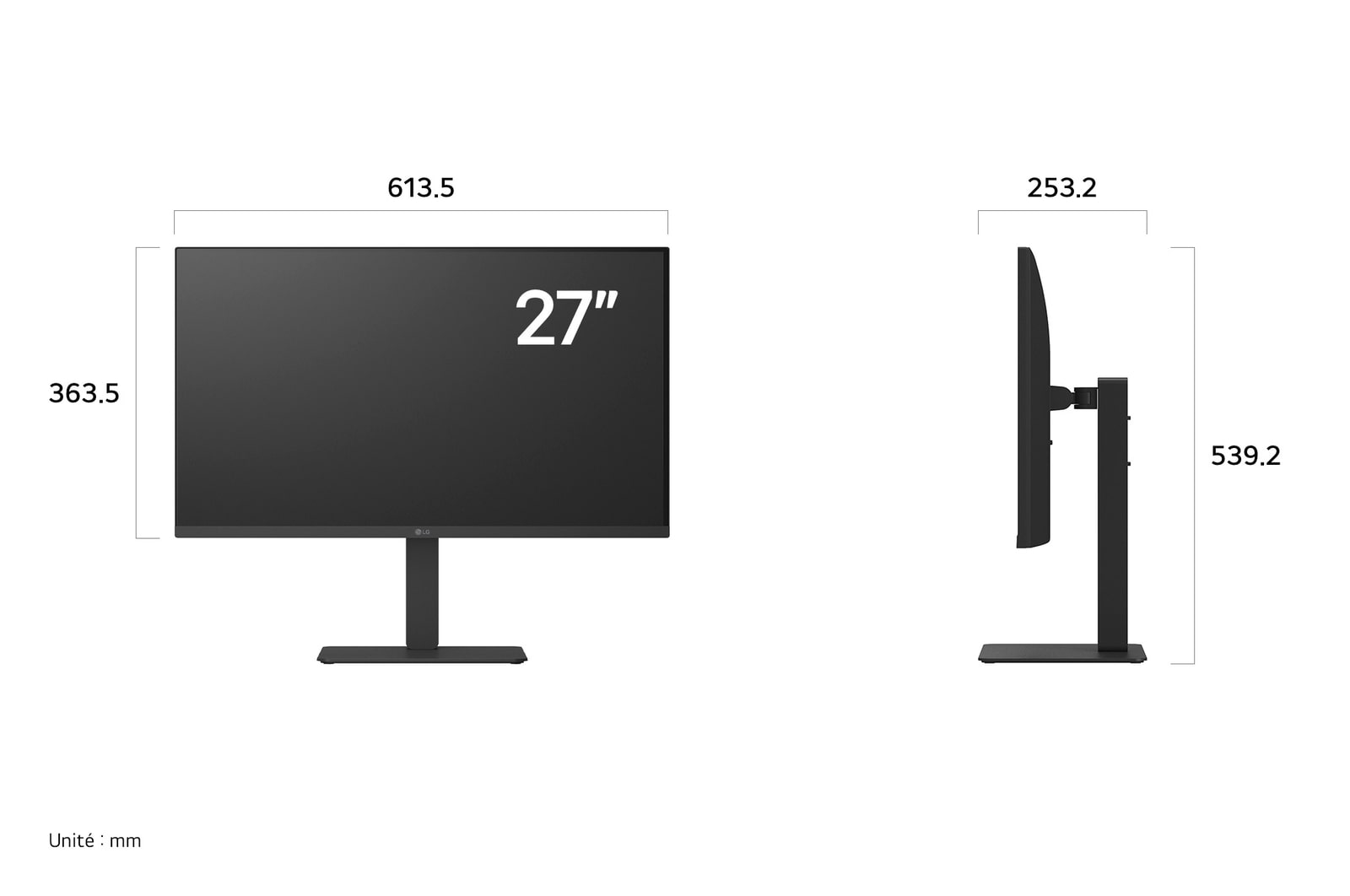 Moniteur LG 27BA45U en finition noir mat affichant les dimensions, mesurant 613,5 mm de largeur, 363,5 mm de hauteur d'écran, 539,2 mm de hauteur totale et 253,2 mm de profondeur.