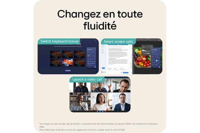 Moniteur LG 27BA45U en finition noir mat, doté de fonctions logicielles pour un multitâche rapide, incluant le contrôle KVM, le partage d'écran intelligent et les appels vidéo.