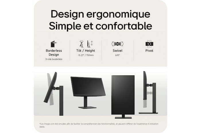 Moniteur LG 27BA45U, doté d'un pied ergonomique et d'un design sans bords sur 3 côtés, offrant 150 mm de réglage en hauteur, ±45∘ de pivotement et 90∘ de rotation (Pivot).