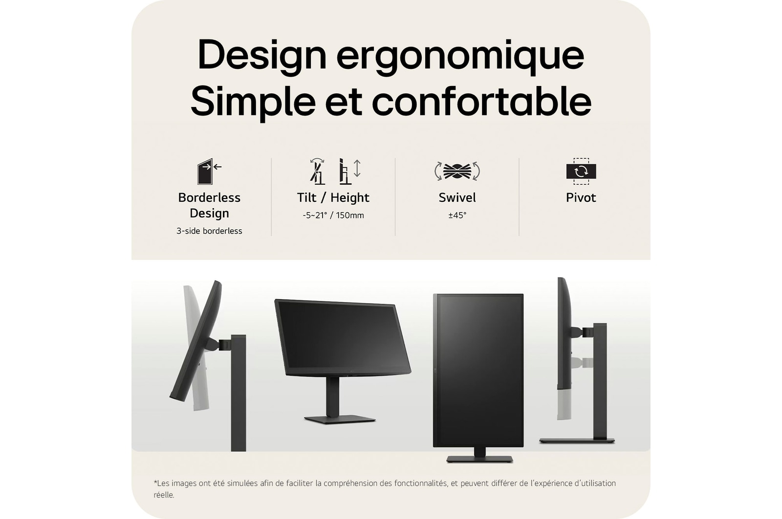Moniteur LG 27BA45U, doté d'un pied ergonomique et d'un design sans bords sur 3 côtés, offrant 150 mm de réglage en hauteur, ±45∘ de pivotement et 90∘ de rotation (Pivot).