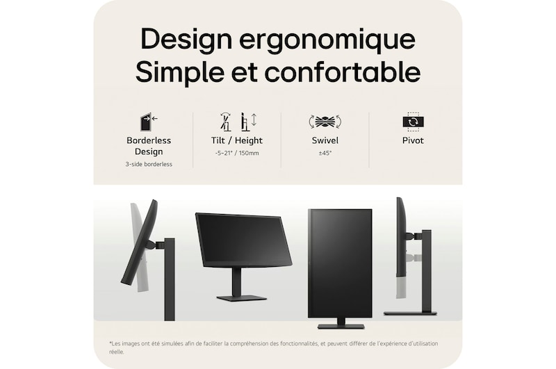Moniteur LG 27BA45U, doté d'un pied ergonomique et d'un design sans bords sur 3 côtés, offrant 150 mm de réglage en hauteur, ±45∘ de pivotement et 90∘ de rotation (Pivot).