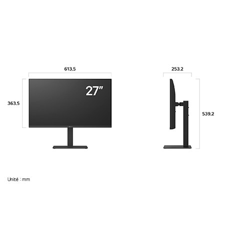 Moniteur LG 27BA45U en finition noir mat affichant les dimensions, mesurant 613,5 mm de largeur, 363,5 mm de hauteur d'écran, 539,2 mm de hauteur totale et 253,2 mm de profondeur.