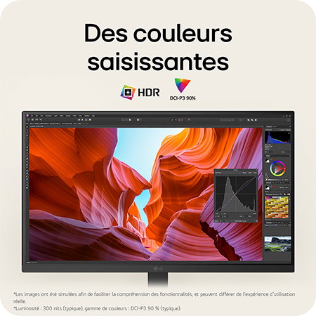 Moniteur LG 27BA45U en finition noir mat, doté d'un gamut de couleur DCI-P3 90% et du support HDR, affichant des couleurs incroyables pour le travail professionnel.