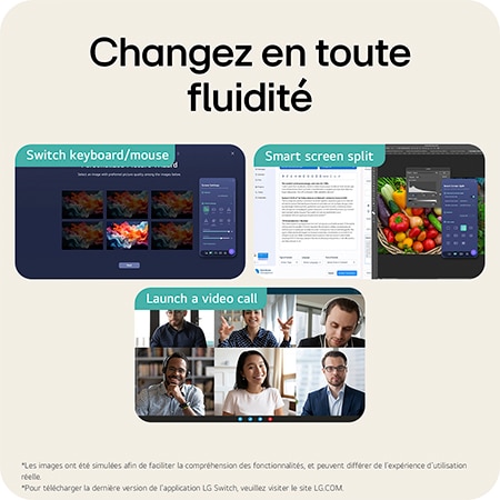 Moniteur LG 27BA45U en finition noir mat, doté de fonctions logicielles pour un multitâche rapide, incluant le contrôle KVM, le partage d'écran intelligent et les appels vidéo.