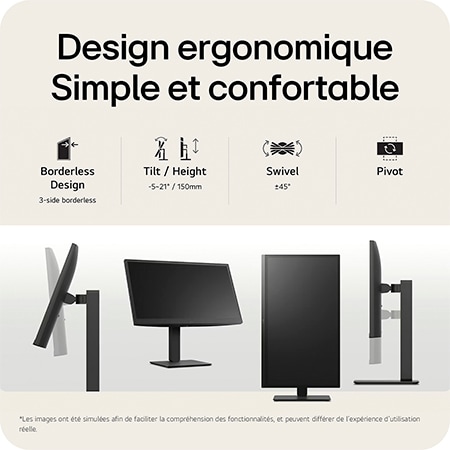 Moniteur LG 27BA45U, doté d'un pied ergonomique et d'un design sans bords sur 3 côtés, offrant 150 mm de réglage en hauteur, ±45∘ de pivotement et 90∘ de rotation (Pivot).