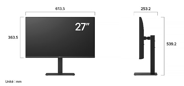 Moniteur LG 27U730A au fini sombre affichant les dimensions de l'écran de 27 pouces, mesurant 613.5 mm de largeur, 363.5 mm de hauteur d'écran, 539.2 mm de hauteur totale et 253.2 mm de profondeur.