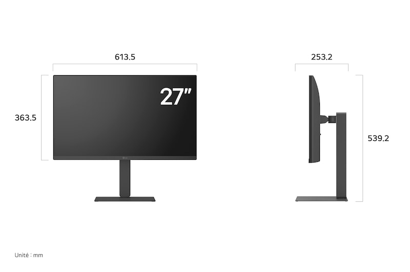 Moniteur LG 27U730A au fini sombre affichant les dimensions de l'écran de 27 pouces, mesurant 613.5 mm de largeur, 363.5 mm de hauteur d'écran, 539.2 mm de hauteur totale et 253.2 mm de profondeur.