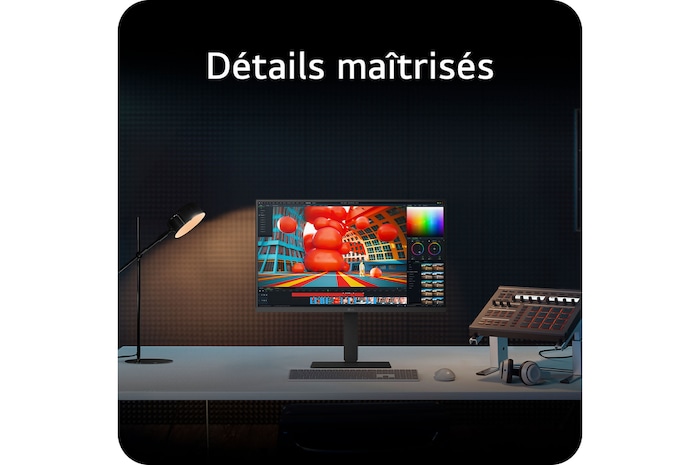 Moniteur LG 27U730A dans un setup de studio professionnel, affichant un logiciel d'étalonnage des couleurs et soulignant la reproduction précise des couleurs pour l'édition détaillée.