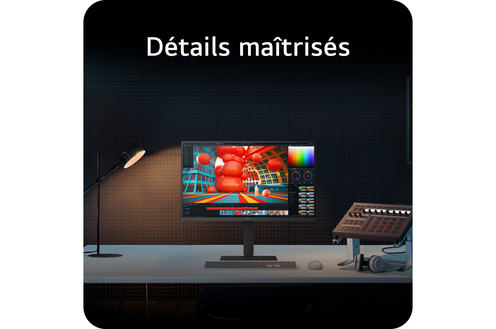 Moniteur LG 27U730A dans un setup de studio professionnel, affichant un logiciel d'étalonnage des couleurs et soulignant la reproduction précise des couleurs pour l'édition détaillée.