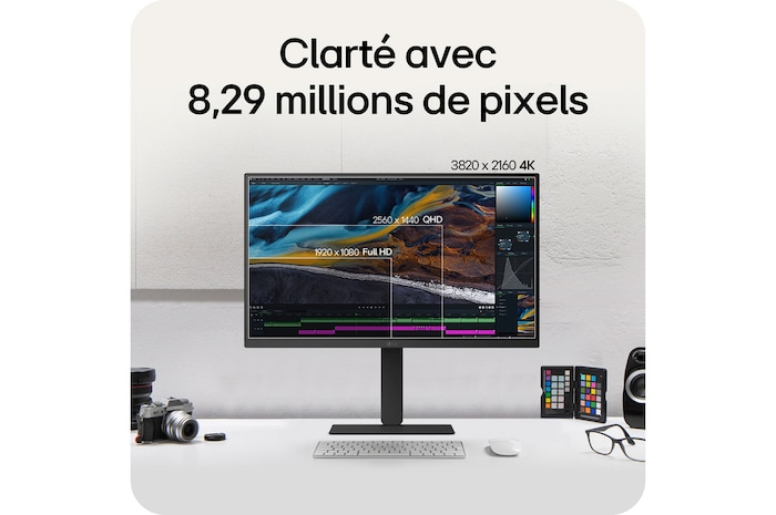 Moniteur LG 27U730A soulignant la clarté grâce à 8,29 millions de pixels avec résolution 4K UHD (3840x2160), affichant des détails précis pour l'édition vidéo et le design.