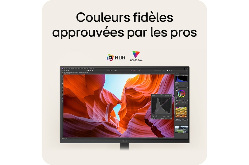 Moniteur LG 27U730A assurant des couleurs fidèles auxquelles les professionnels font confiance, avec prise en charge HDR et 90% de l'espace couleur DCI-P3.