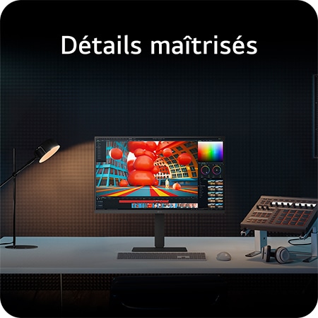 Moniteur LG 27U730A dans un setup de studio professionnel, affichant un logiciel d'étalonnage des couleurs et soulignant la reproduction précise des couleurs pour l'édition détaillée.