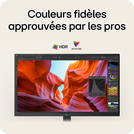 Moniteur LG 27U730A assurant des couleurs fidèles auxquelles les professionnels font confiance, avec prise en charge HDR et 90% de l'espace couleur DCI-P3.