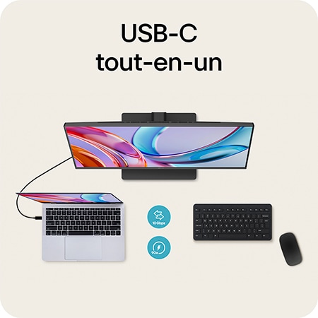 Moniteur LG 27U730A présentant la connectivité USB-C tout-en-un, prenant en charge l'alimentation de 90W et le transfert de données de 10 Gbps via un seul câble.