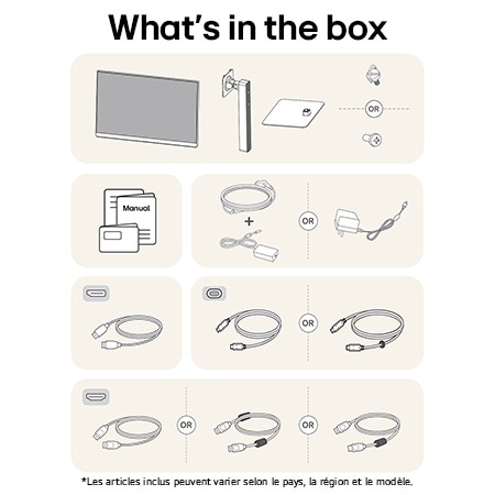 Moniteur LG 27U730A affichant un aperçu de tous les composants fournis, incluant le corps du moniteur, le support, le manuel, l'adaptateur secteur et les câbles HDMI, DP et USB-C.