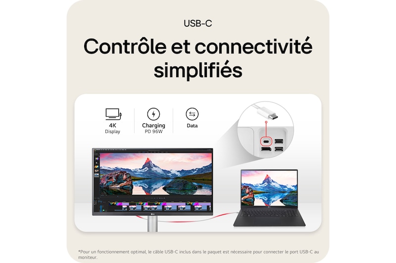 Moniteur LG 27UP850K présentant la connectivité USB-C sans souci, prenant en charge l'affichage 4K, les données et l'alimentation de 96W via un seul câble.