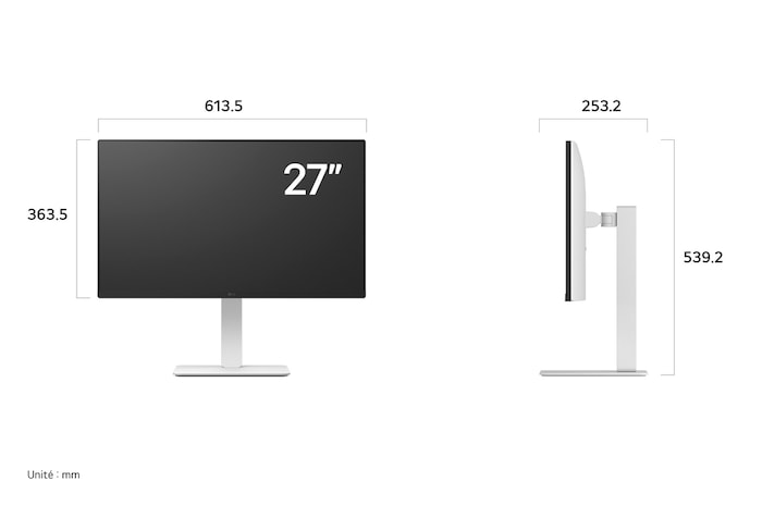 Moniteur LG 27US550 au fini blanc affichant les dimensions de l'écran de 27 pouces, mesurant 613.5 mm de largeur, 363.5 mm de hauteur d'écran, 539.2 mm de hauteur totale et 253.2 mm de profondeur.