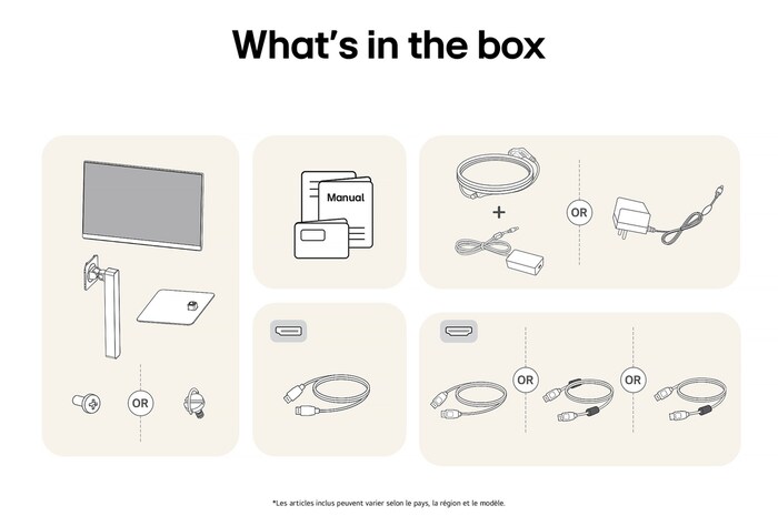Moniteur LG 27US550 affichant un aperçu de tous les composants fournis, incluant le corps du moniteur, le support, le manuel, l'adaptateur secteur et les câbles HDMI et DP.