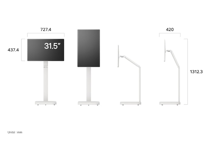 Moniteur LG 32U889SA-W au fini blanc affichant les dimensions du produit sous divers profils, mesurant 727.4 mm de largeur, 437.4 mm de hauteur d'écran, 1312.3 mm de hauteur totale et 420 mm de profondeur.