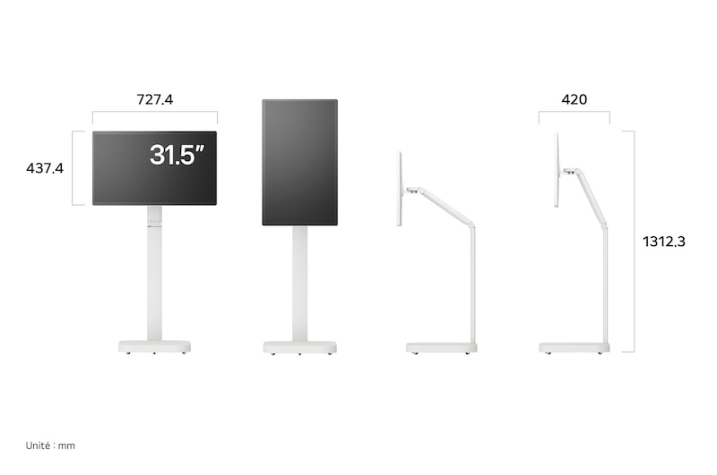 Moniteur LG 32U889SA-W au fini blanc affichant les dimensions du produit sous divers profils, mesurant 727.4 mm de largeur, 437.4 mm de hauteur d'écran, 1312.3 mm de hauteur totale et 420 mm de profondeur.