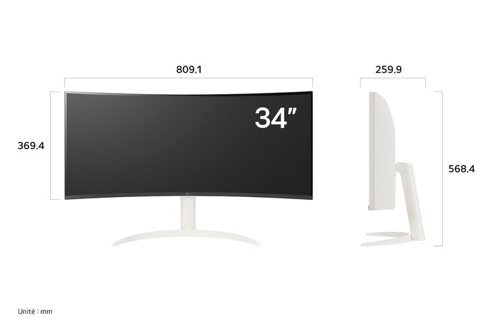 LG Smart Monitor 34SR65QC affichant les dimensions de face et de profil, mesurant 809.1 mm de largeur, 369.4 mm de hauteur d'écran, 568.4 mm de hauteur totale et 259.9 mm de profondeur.