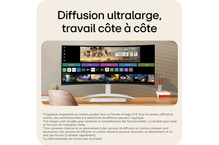 Le LG Smart Monitor 34SR65QC avec écran UltraWide 21:9, idéal pour le streaming immersif et le multitâche efficace côte à côte.