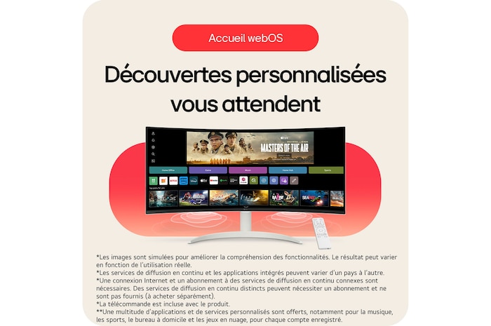Le LG Smart Monitor 34SR65QC avec écran d'accueil webOS personnalisé, permettant un accès facile à tous les services et applications de streaming.