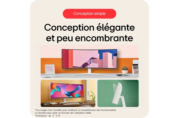 Le LG Smart Monitor 34SR65QC arbore un design simple, élégant et peu encombrant, doté d'une fonctionnalité d'inclinaison réglable.