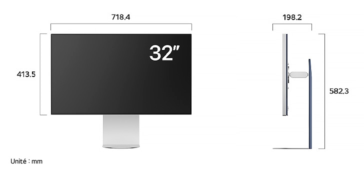LG UltraFine™ Monitor 32U990A affichant les dimensions de face et de profil, mesurant 718.4 mm de largeur, 413.5 mm de hauteur d'écran, 582.3 mm de hauteur totale et 198.2 mm de profondeur.