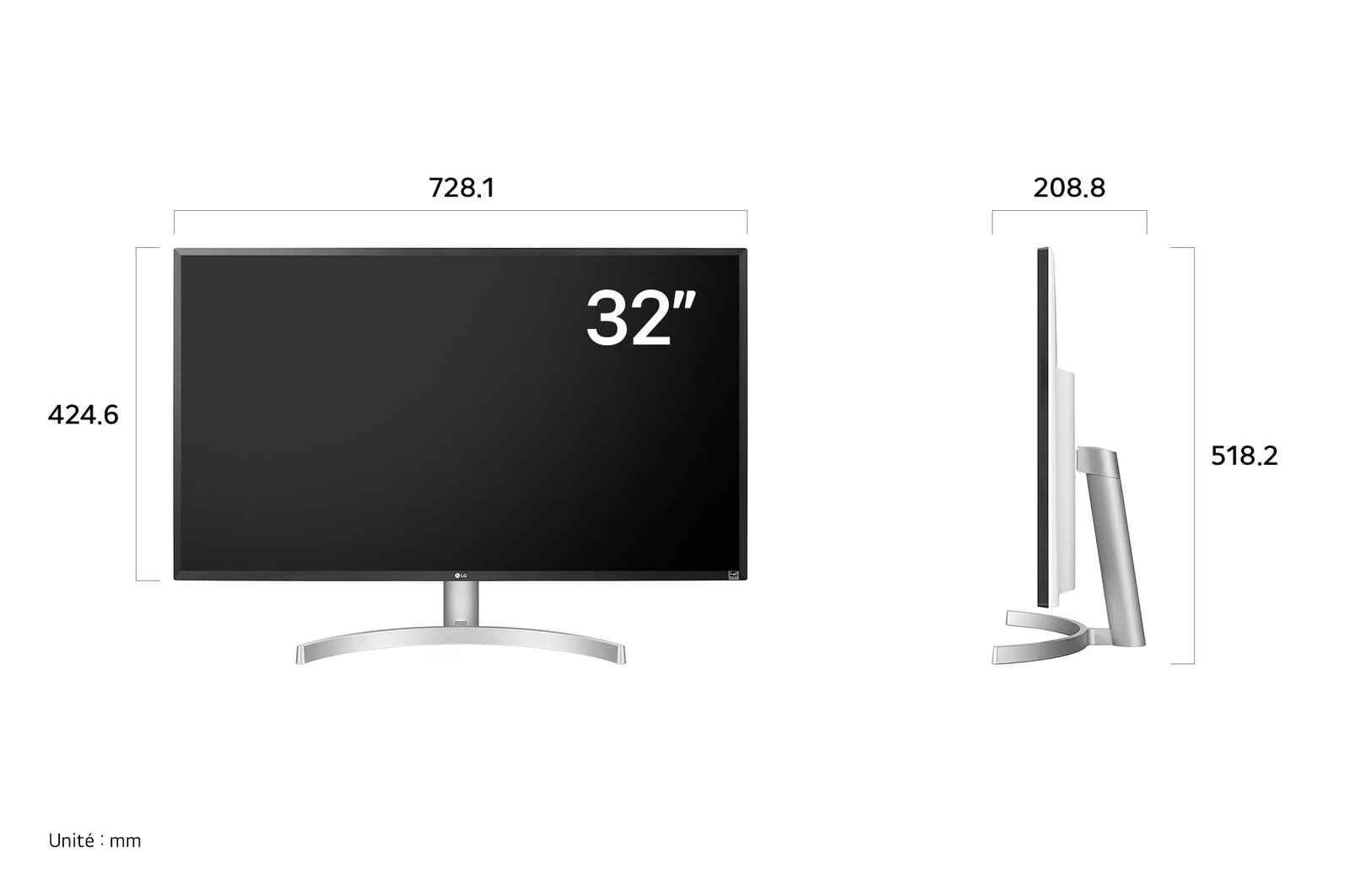 LG UltraFine™ Monitor 32UL500 affichant les dimensions de face et de profil, mesurant 728.1 mm de largeur, 424.6 mm de hauteur d'écran, 518.2 mm de hauteur totale et 208.8 mm de profondeur.