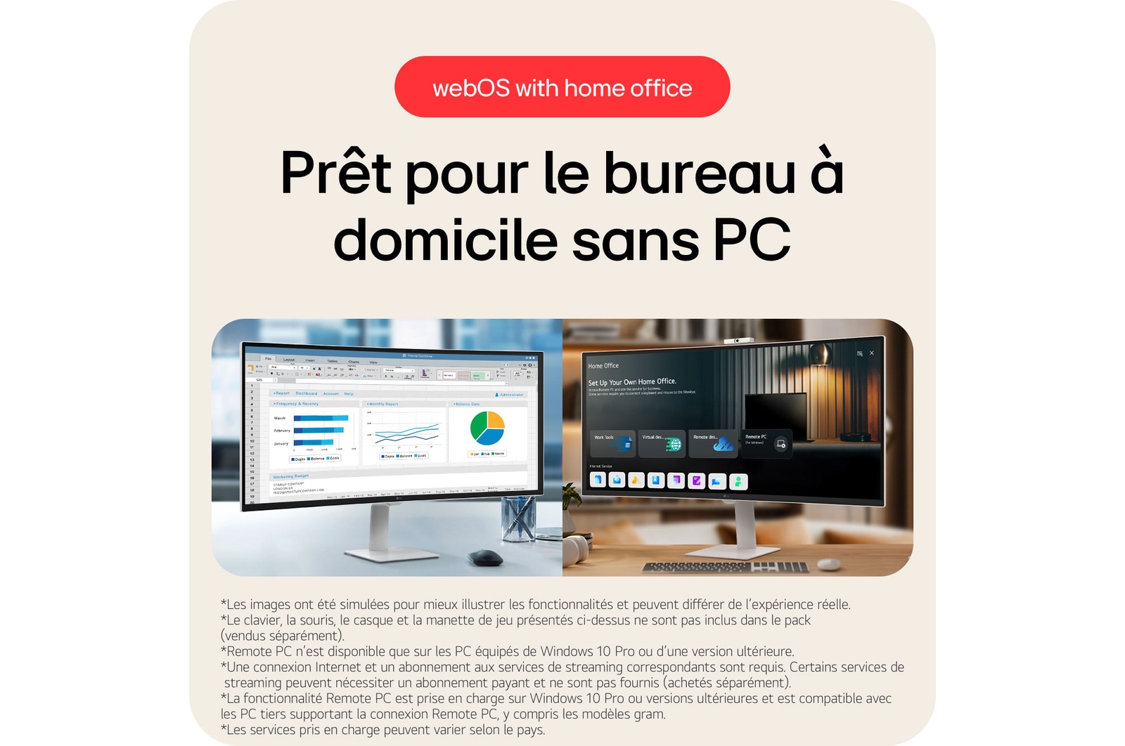 Le LG Smart Monitor 34U601SA permet une configuration de bureau à domicile sans PC, utilisant la prise en charge webOS pour l'accès à distance au PC et diverses applications de productivité.