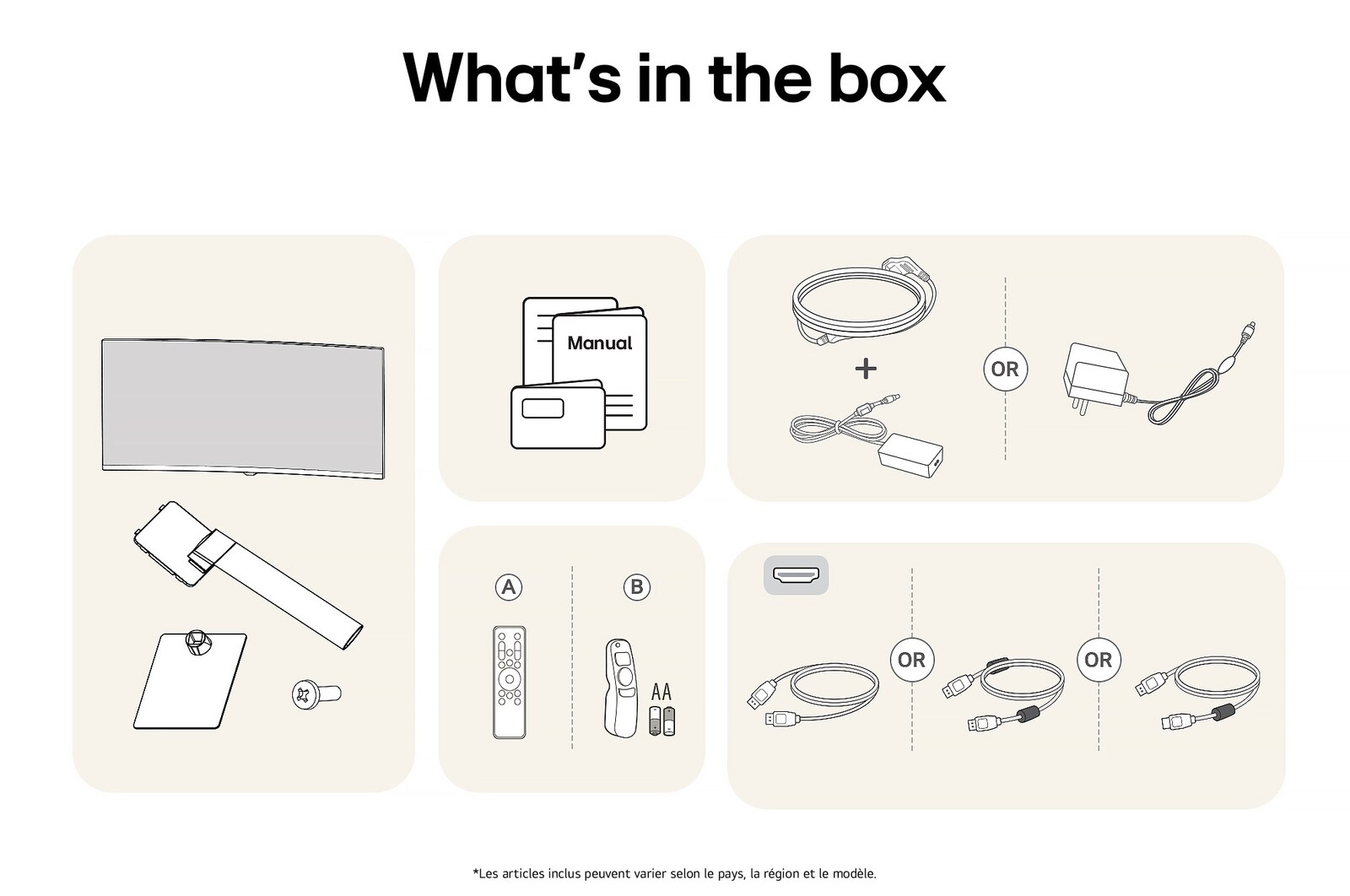 Tous les composants inclus avec le LG Smart Monitor 34U601SA : Moniteur, pièces de support, télécommandes Magic Remote, manuel et divers câbles de connexion.